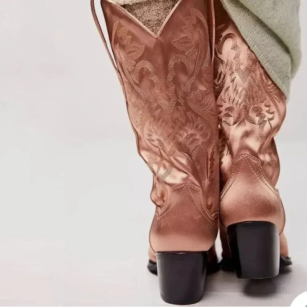 Free People Dagget Western Boots Champagne Rose Satin Amaya Western Size 6